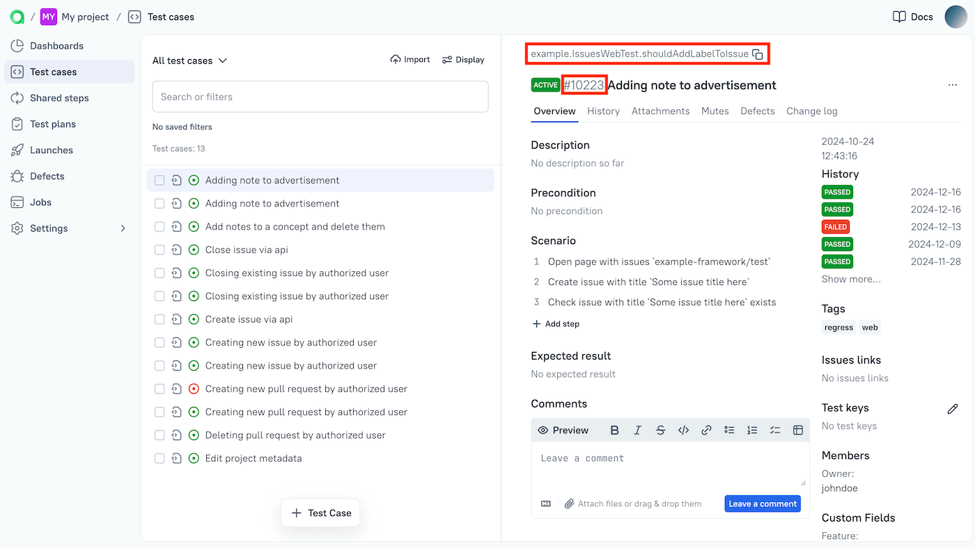 Each test case in Allure TestOps has the parameters "id" and "selector".