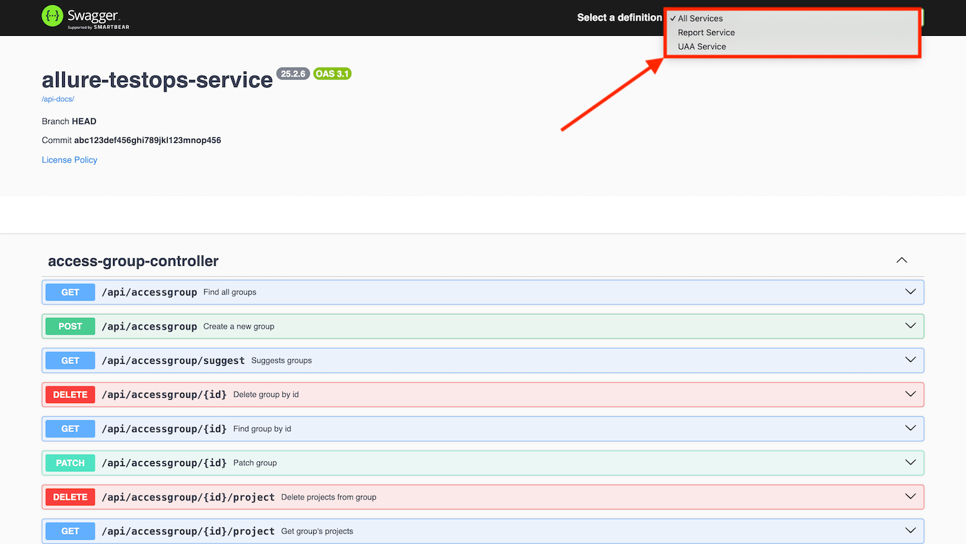 The section switcher is in the upper-right corner of the Swagger interface.
