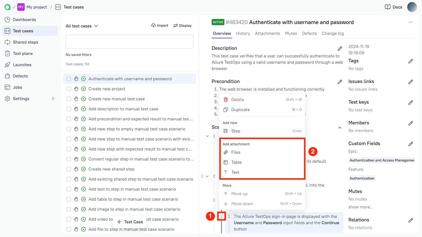 The three ways to add attachments are available in the step actions menu.
