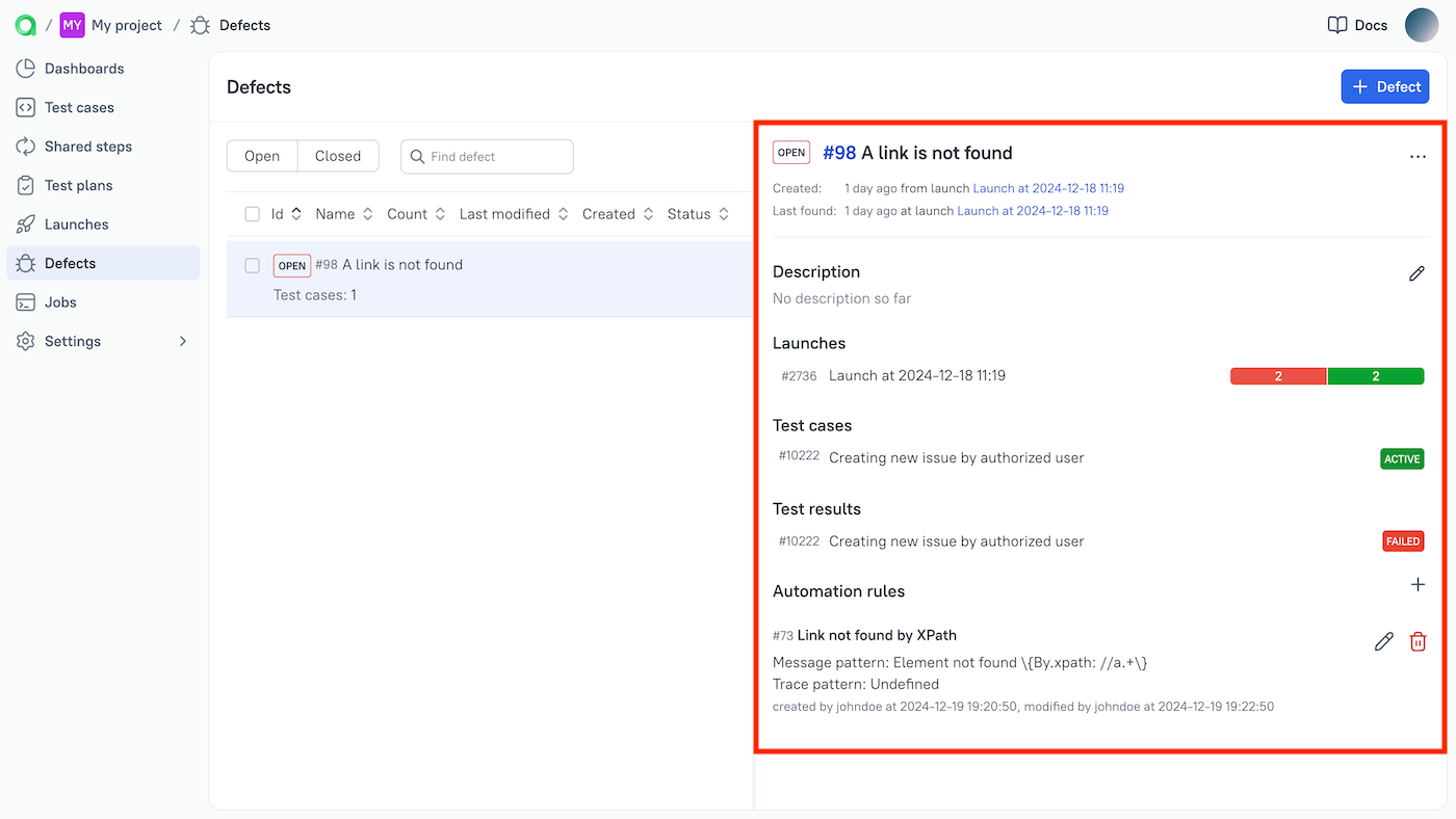 The defect details are displayed on the right pane.