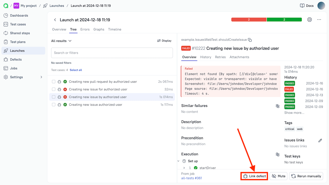 The “Link defect” button is on the bottom of the right pane.