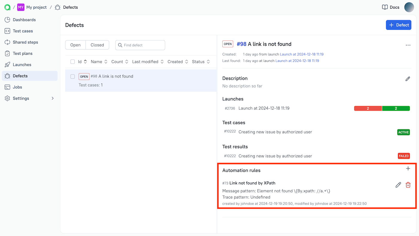 The automation rules are listed under the defect details.