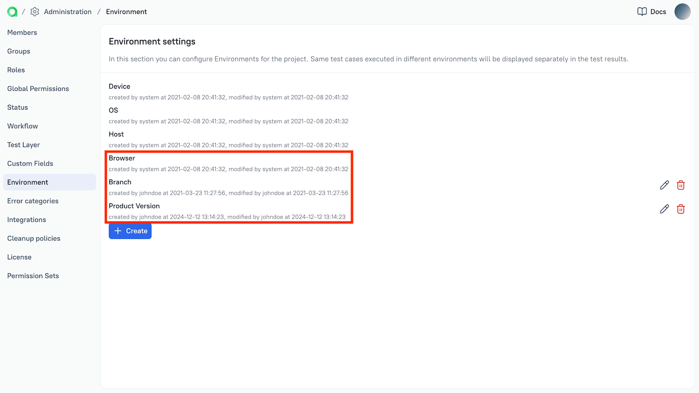 Environment variable names are added in the Administration settings.