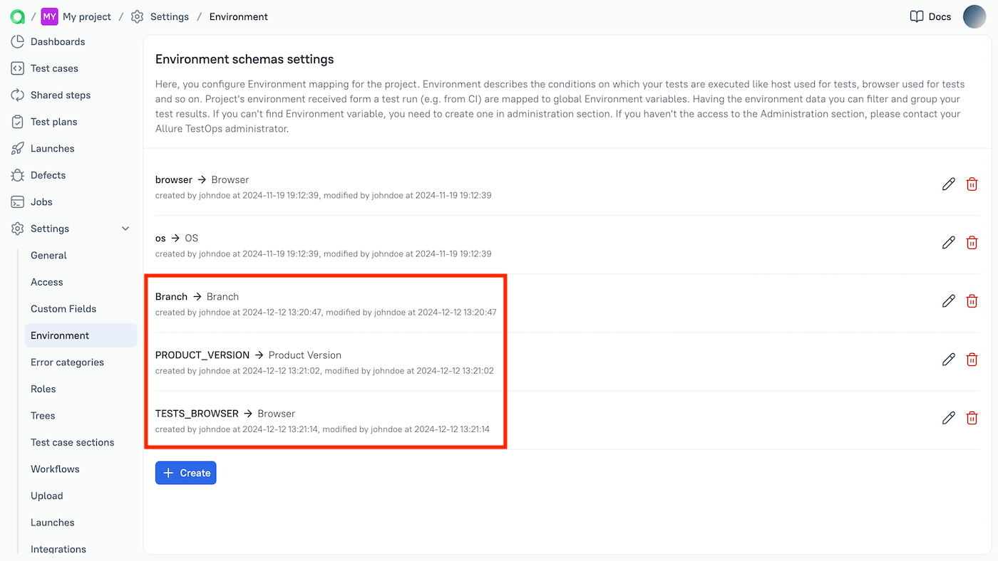 Mapping environment variables is configured in the project settings.