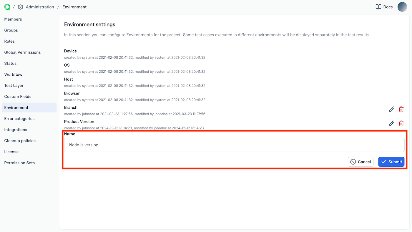 Environment variable names are added in the Administration settings.