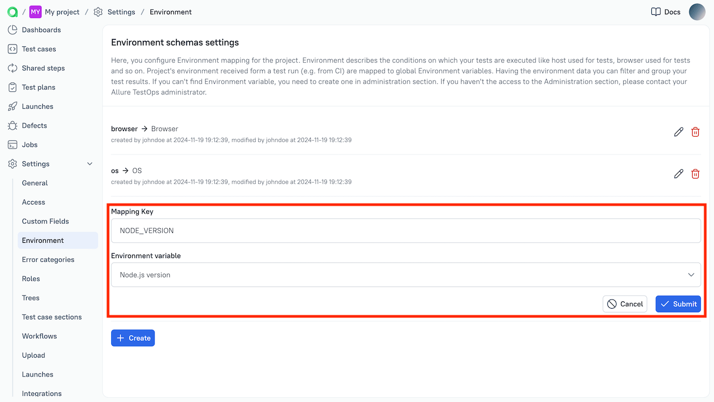 Environment variables mapping is configured in the project settings.