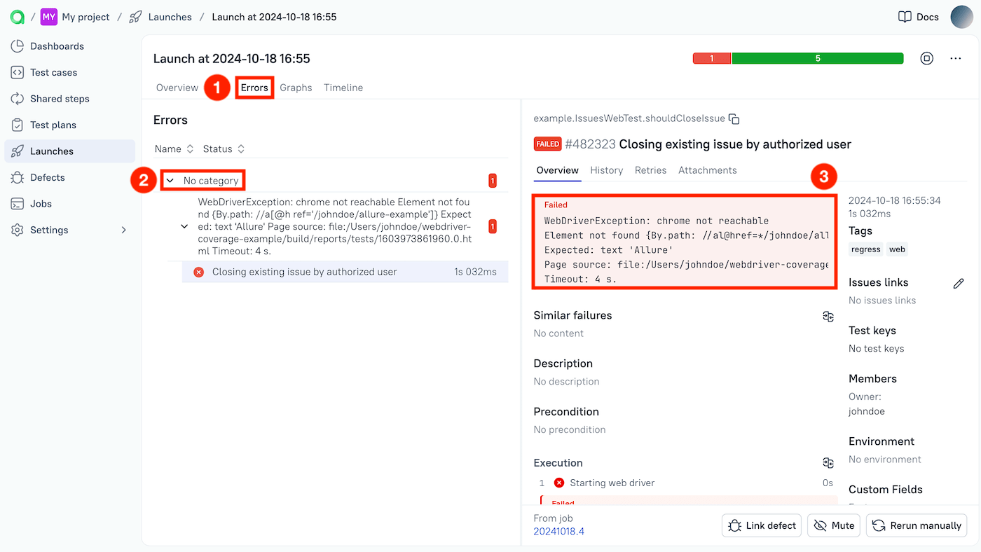 Test results are grouped based on their stack traces.