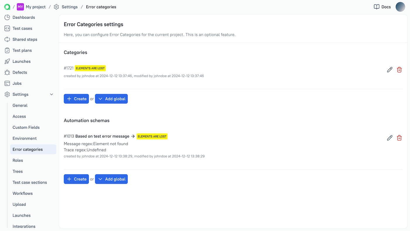 The error categories you create are listed in the project settings.
