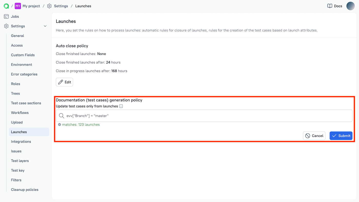 Documentation generation policy settings are located in the Launches section.