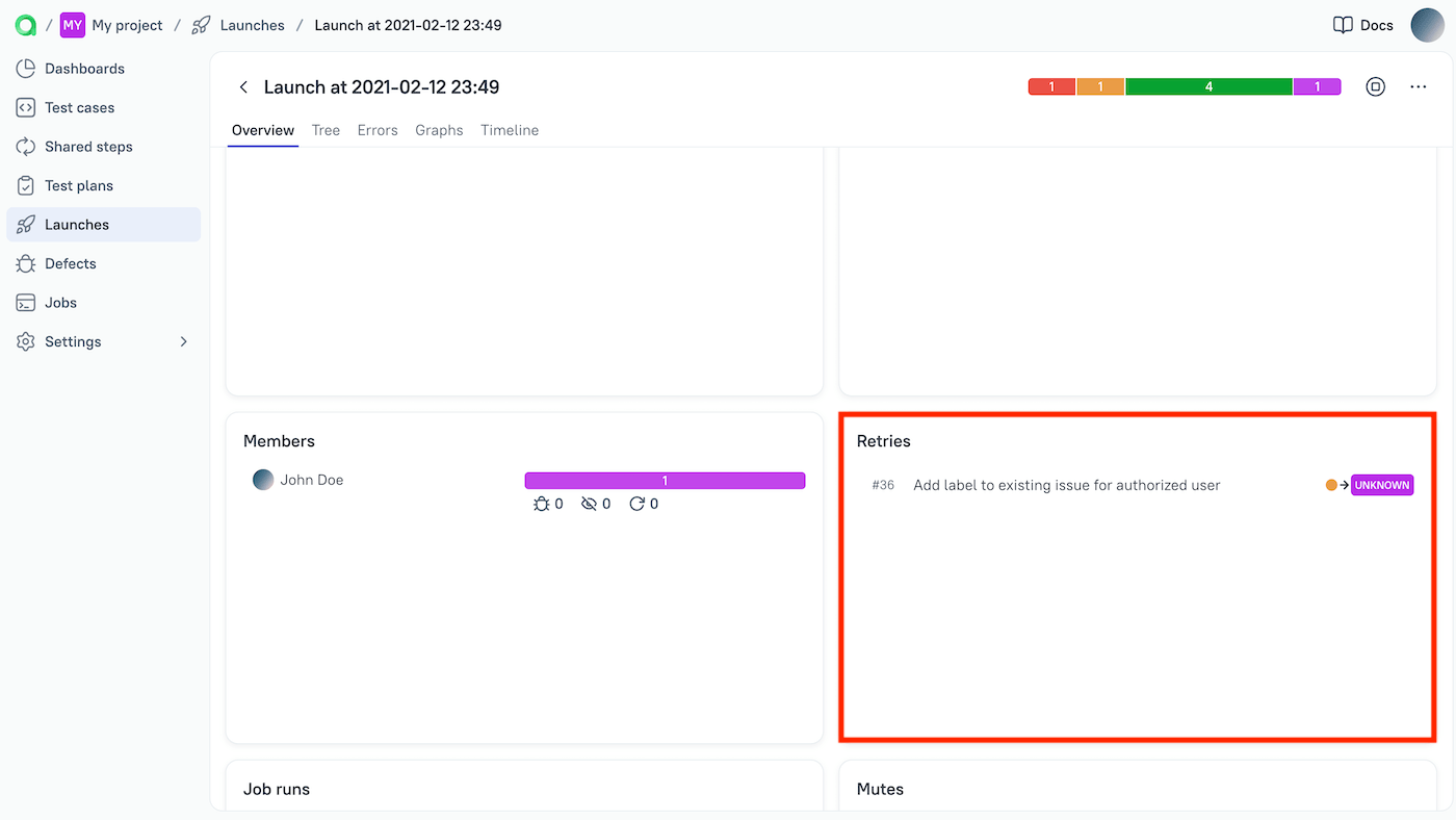 Retries are listed on the launch overview page.