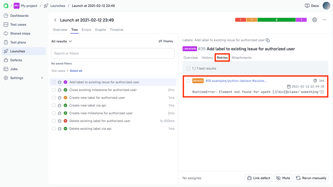 Retries are listed on the Retried tab of a test result.