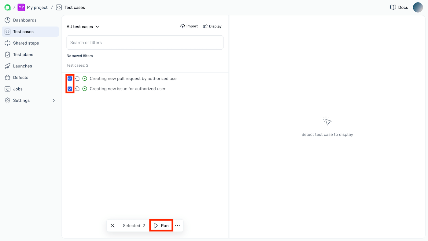 Run command is located at the bottom of the test case list.