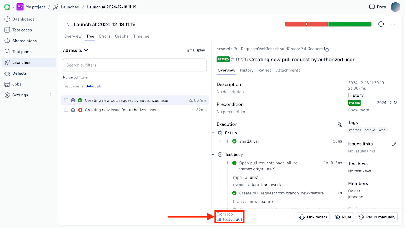 Link to the CI job is located at the bottom of the right pane.