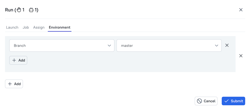 Multiple sets of environment variables can be specified on the “Environment” tab.