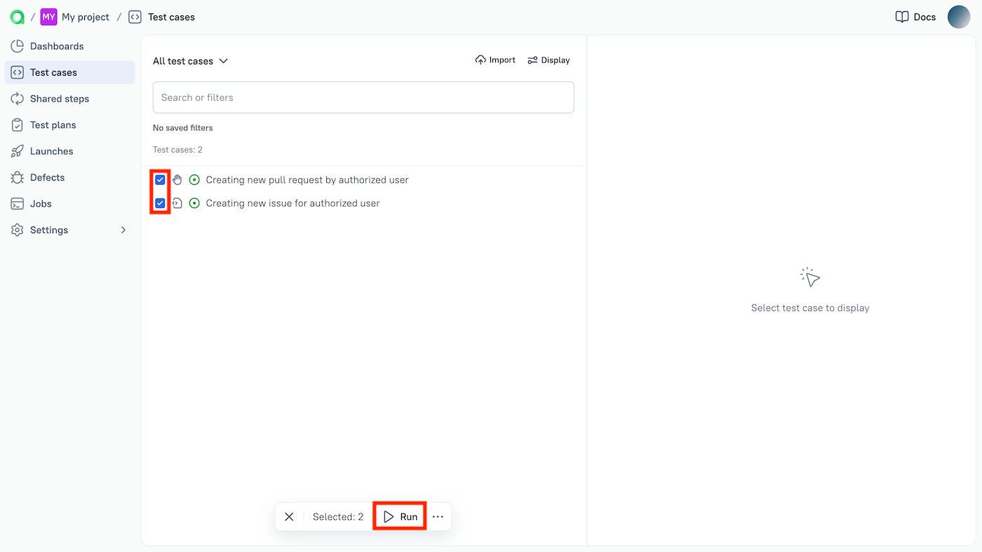 The "Run" command is at the bottom of the test case list.
