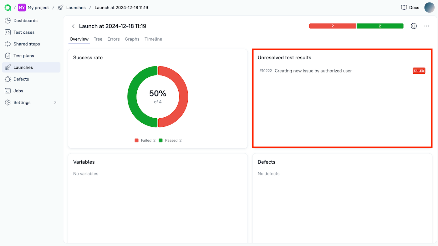 The unresolved test results are shown in the launch overview.