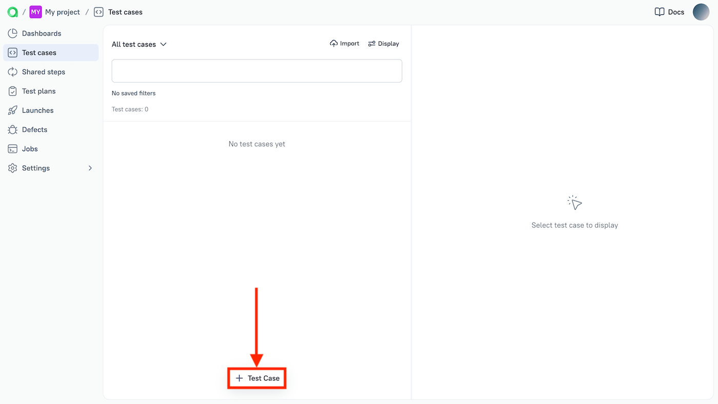 Button for creating new test cases is located at the bottom of the screen.