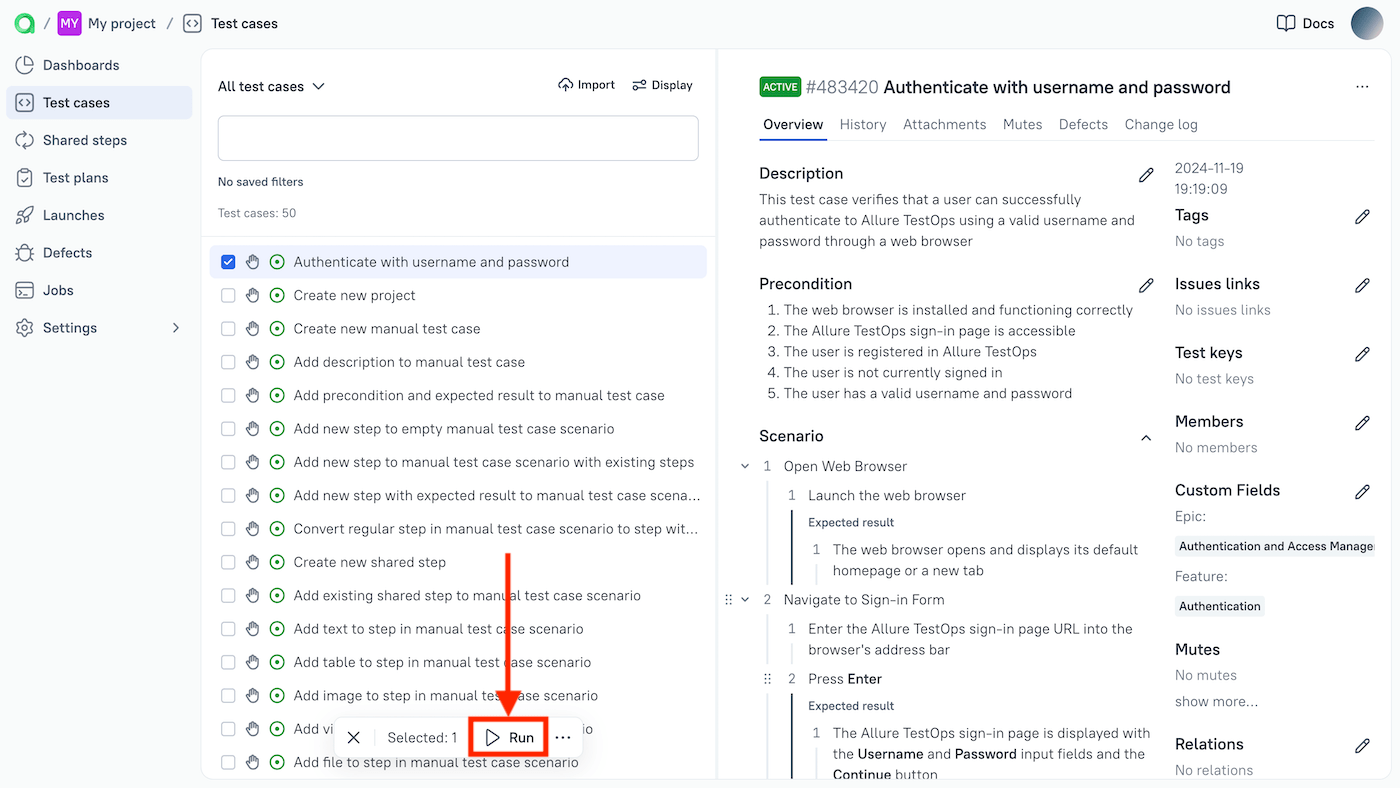 The "Run" command is at the bottom of the test case list.