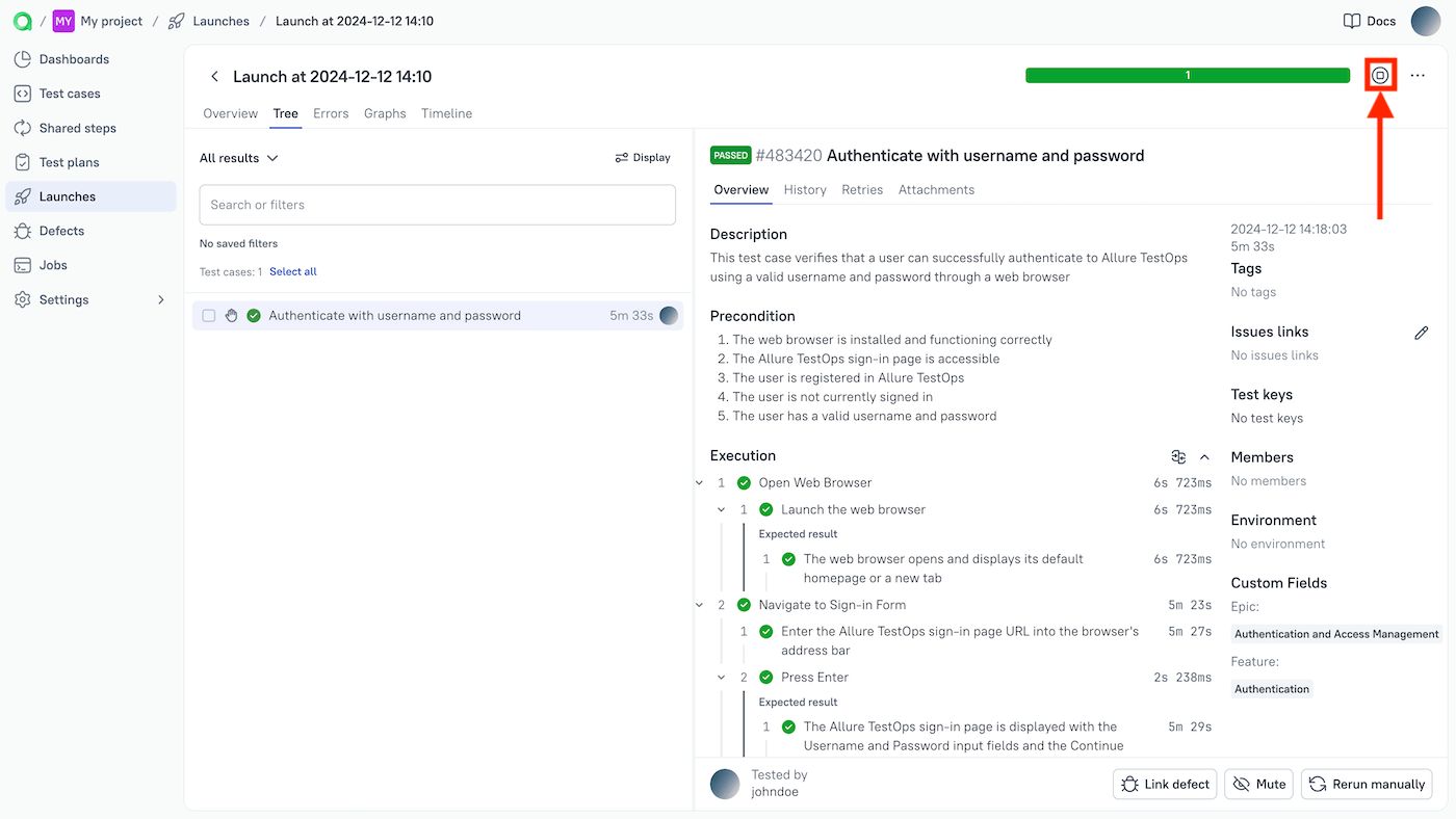 The button for closing the launch is next to the progress bar.