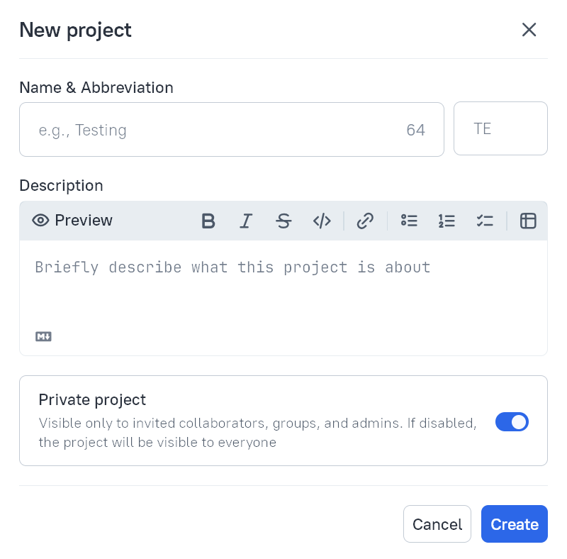 Project description can be entered in the project creation dialog.