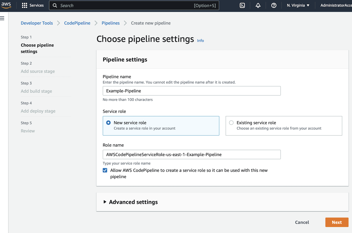 The screen allows to choose a new or existing service role.
