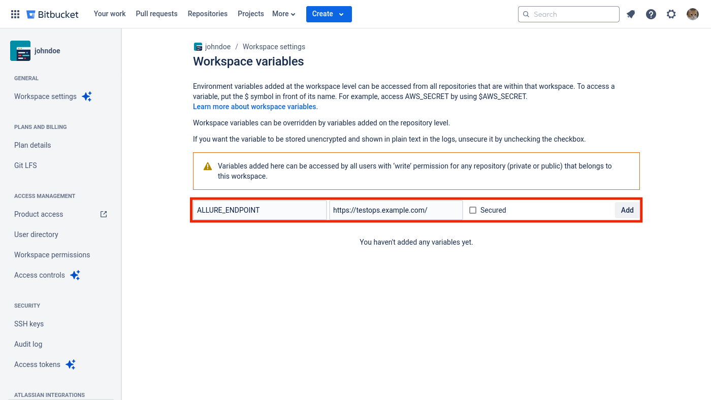 The "ALLURE_ENDPOINT" variable can be set on the Bitbucket's workspace level.