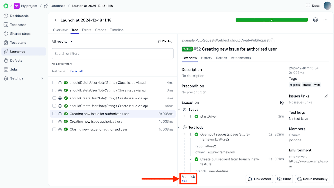 The link to the CircleCI pipeline is at the bottom of the test results pane.