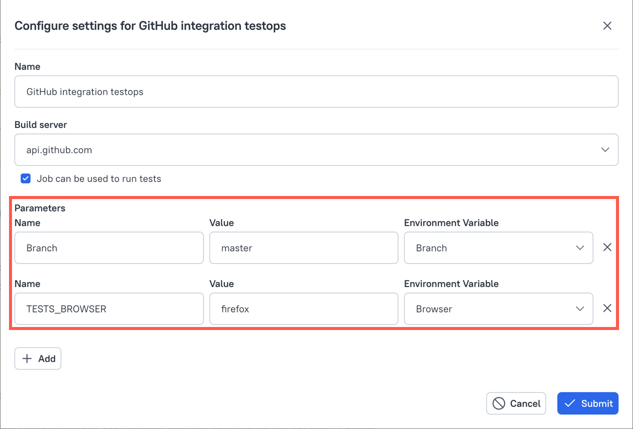 Multiple environment variables can be specified in the dialog.