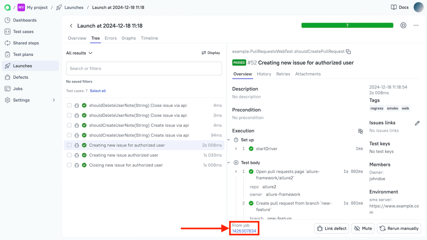 The link to the GitLab pipeline is at the bottom of the test result.