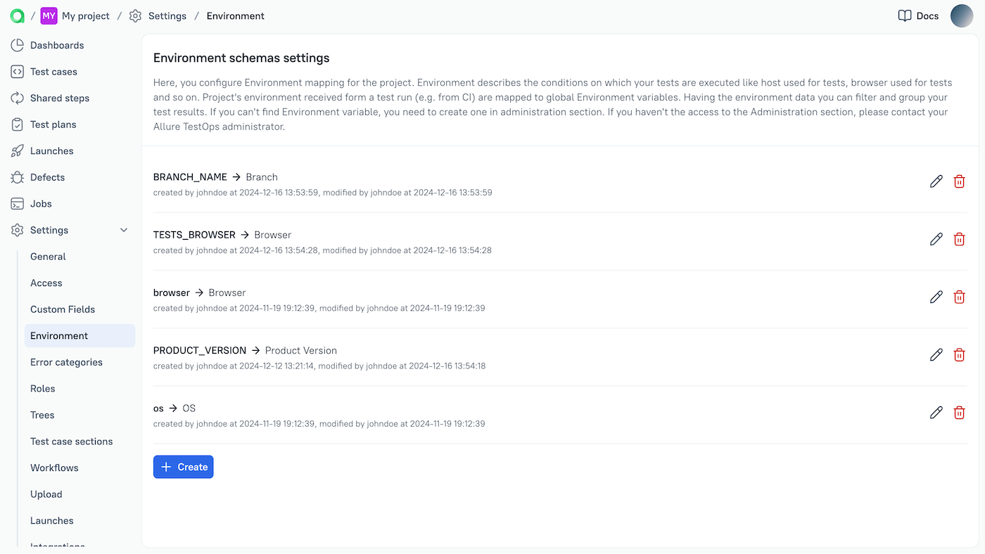 Mapping environment variables is configured in the project settings.