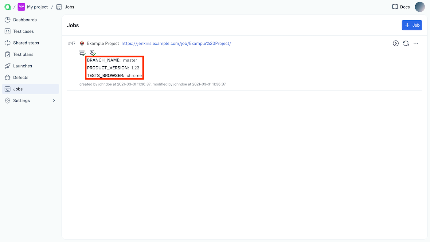 The parameters list is under the job name.
