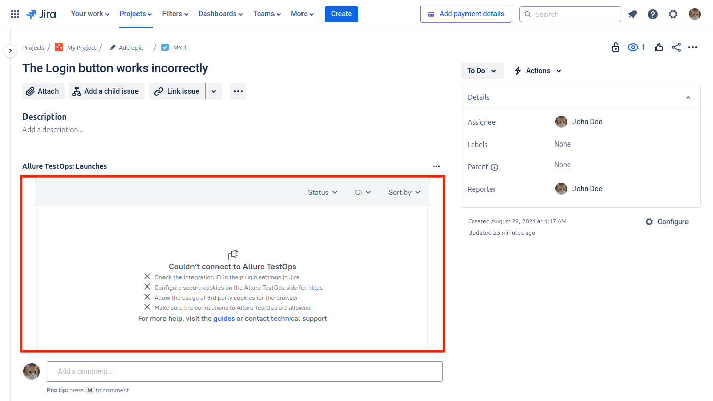The iFrame displays the message “Couldn't connect to Allure TestOps”.