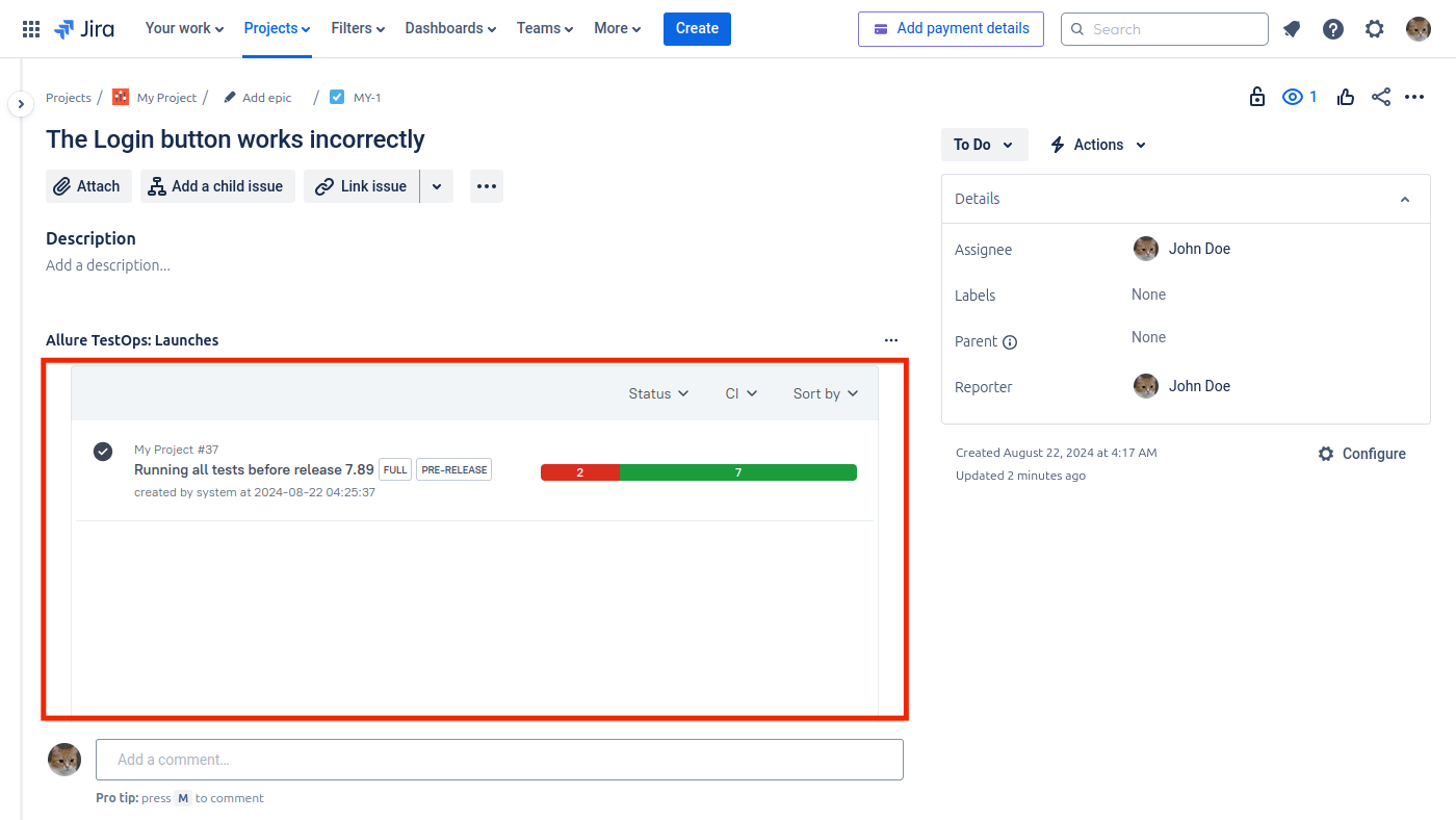 TestOps panels embedded in a Jira Cloud issue