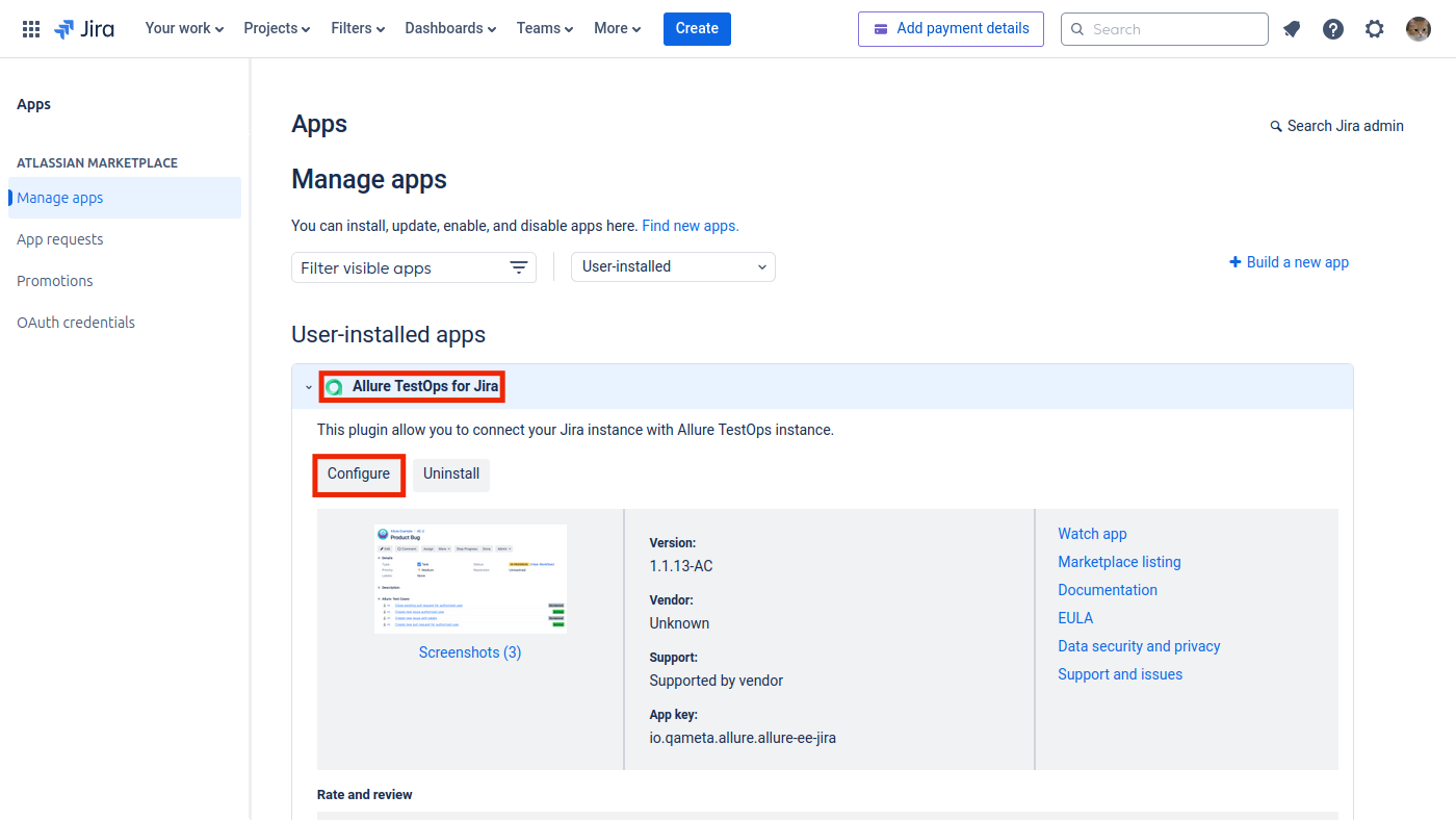 Allure TestOps for Jira app configuration