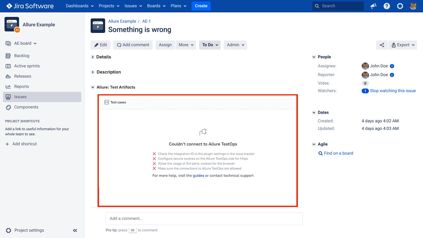 The iFrame displays the message “Couldn't connect to Allure TestOps”.