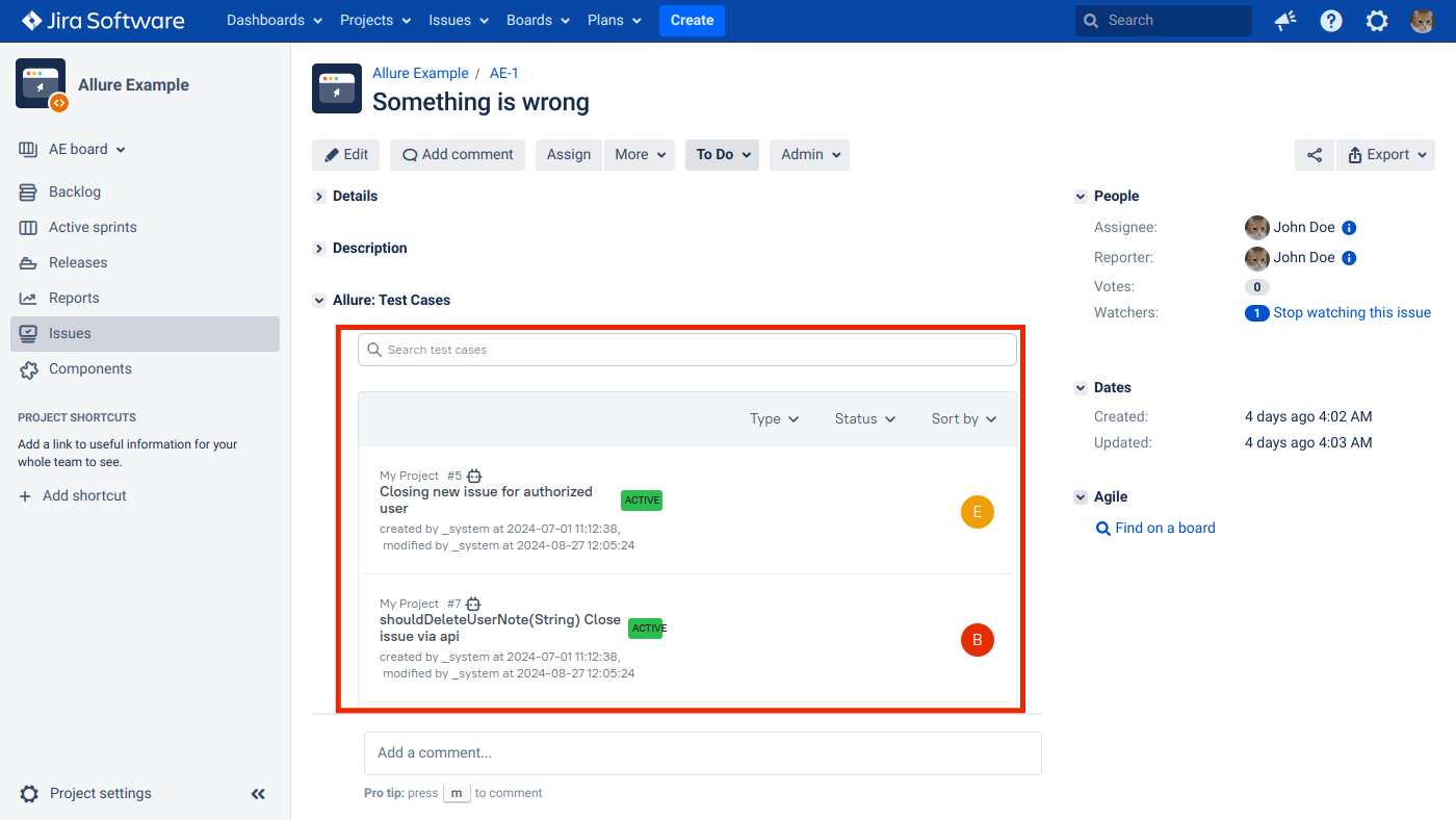 TestOps panels embedded in a Jira Data Center issue