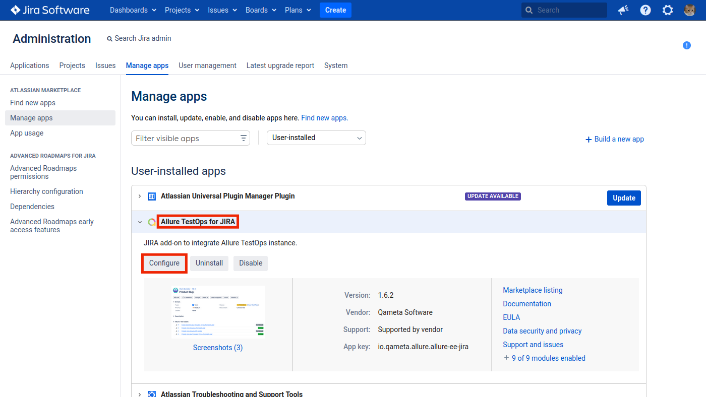 Allure TestOps for JIRA plugin configuration