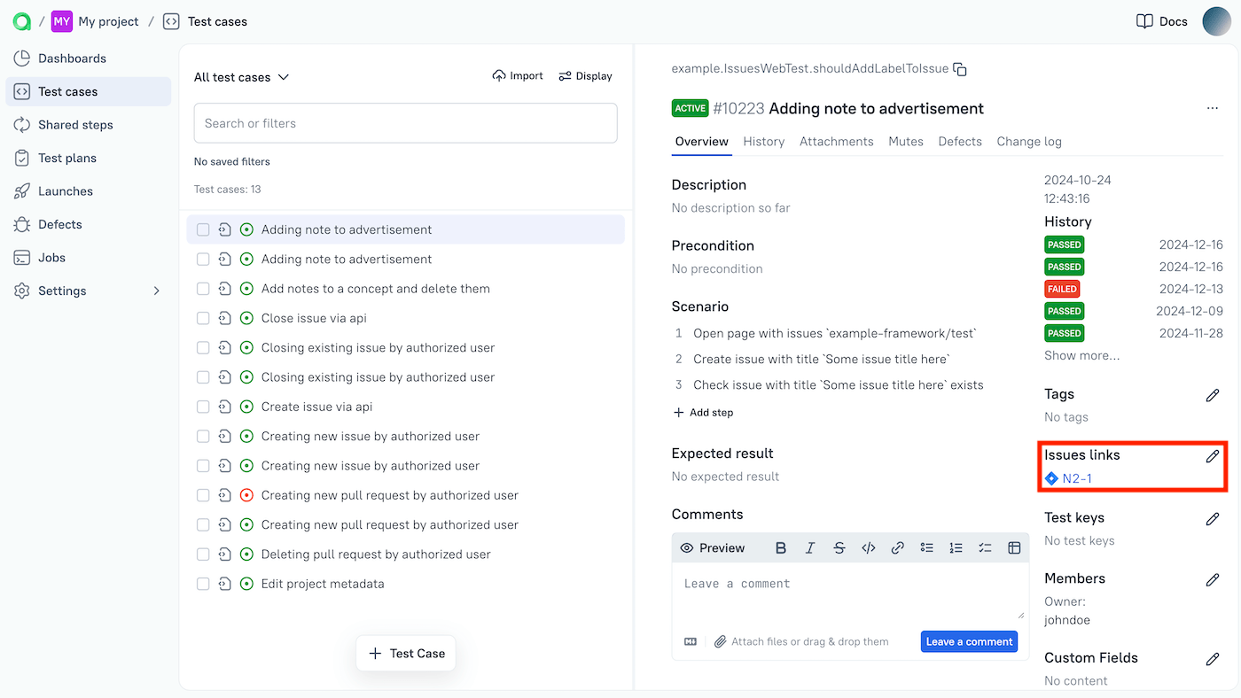 Jira issue links in a TestOps test result