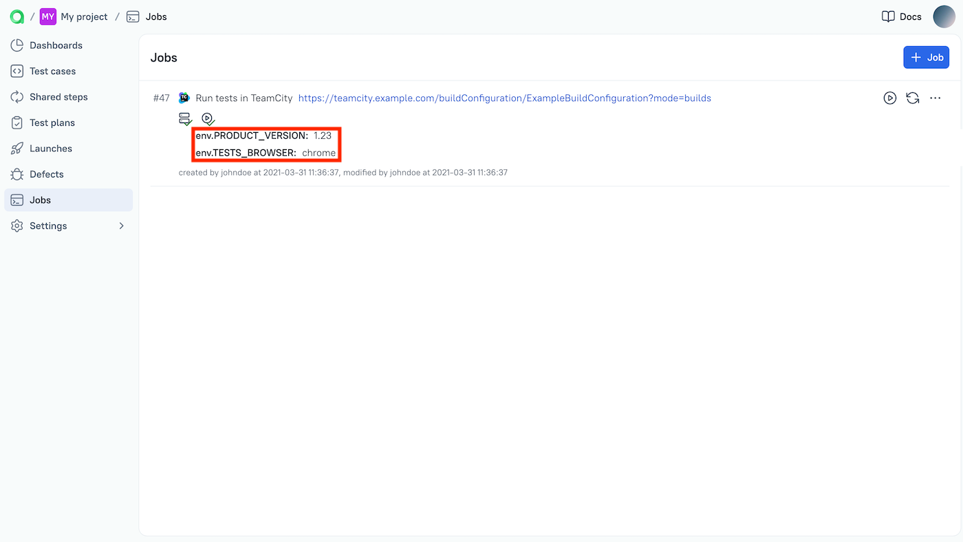 The parameters list is under the job name.