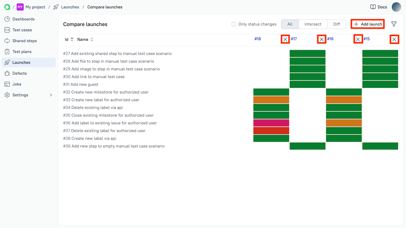 Buttons for adding or removing launches from the comparison are available.