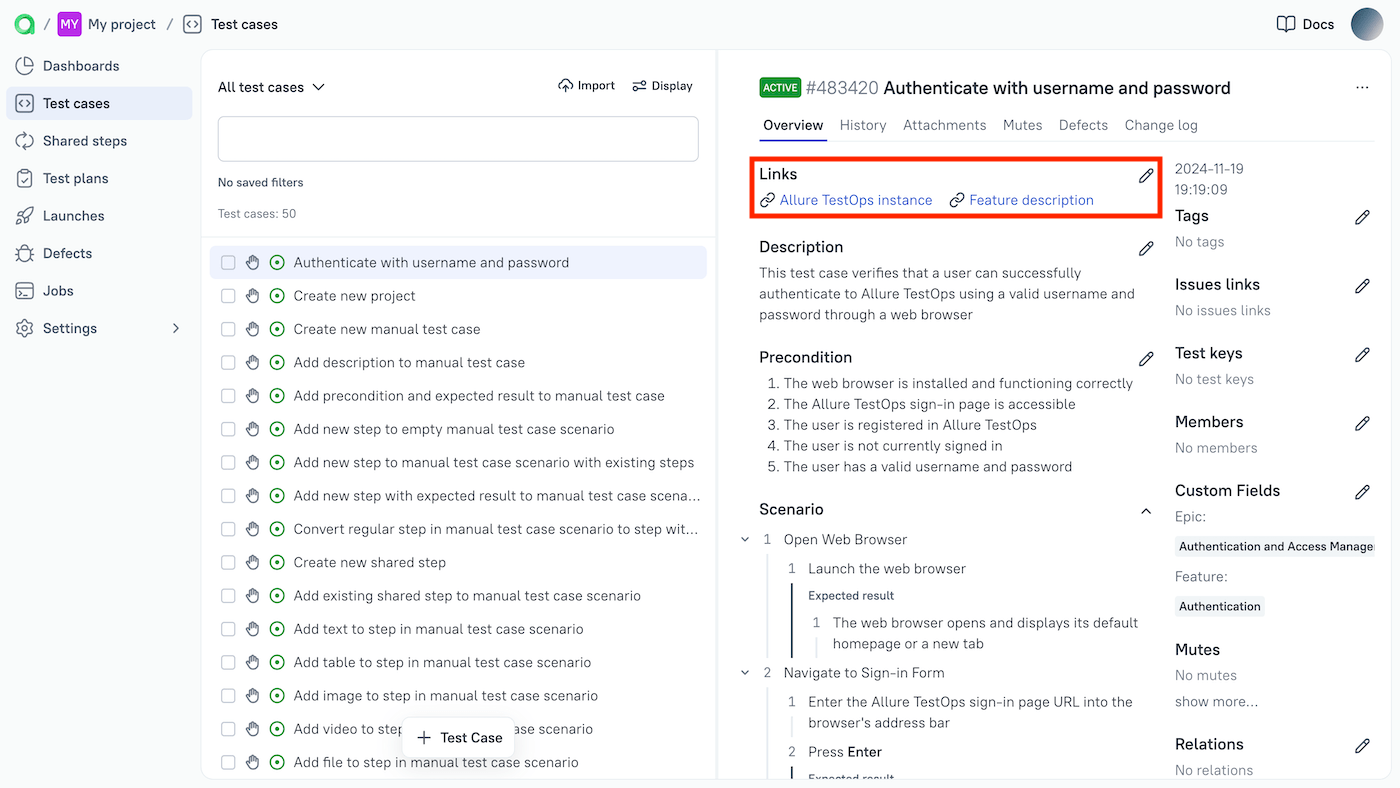 The links are displayed above the test case description.