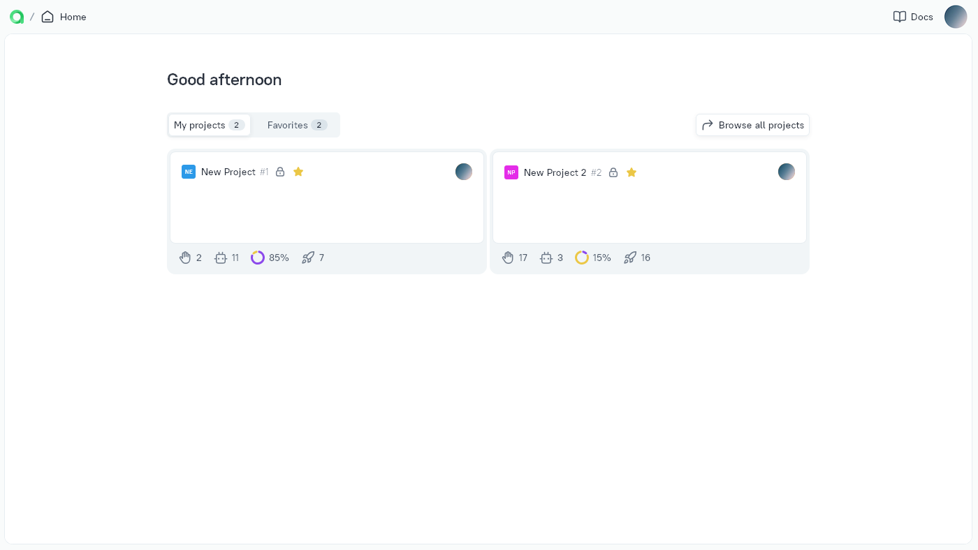 Home page displays the list of your projects.