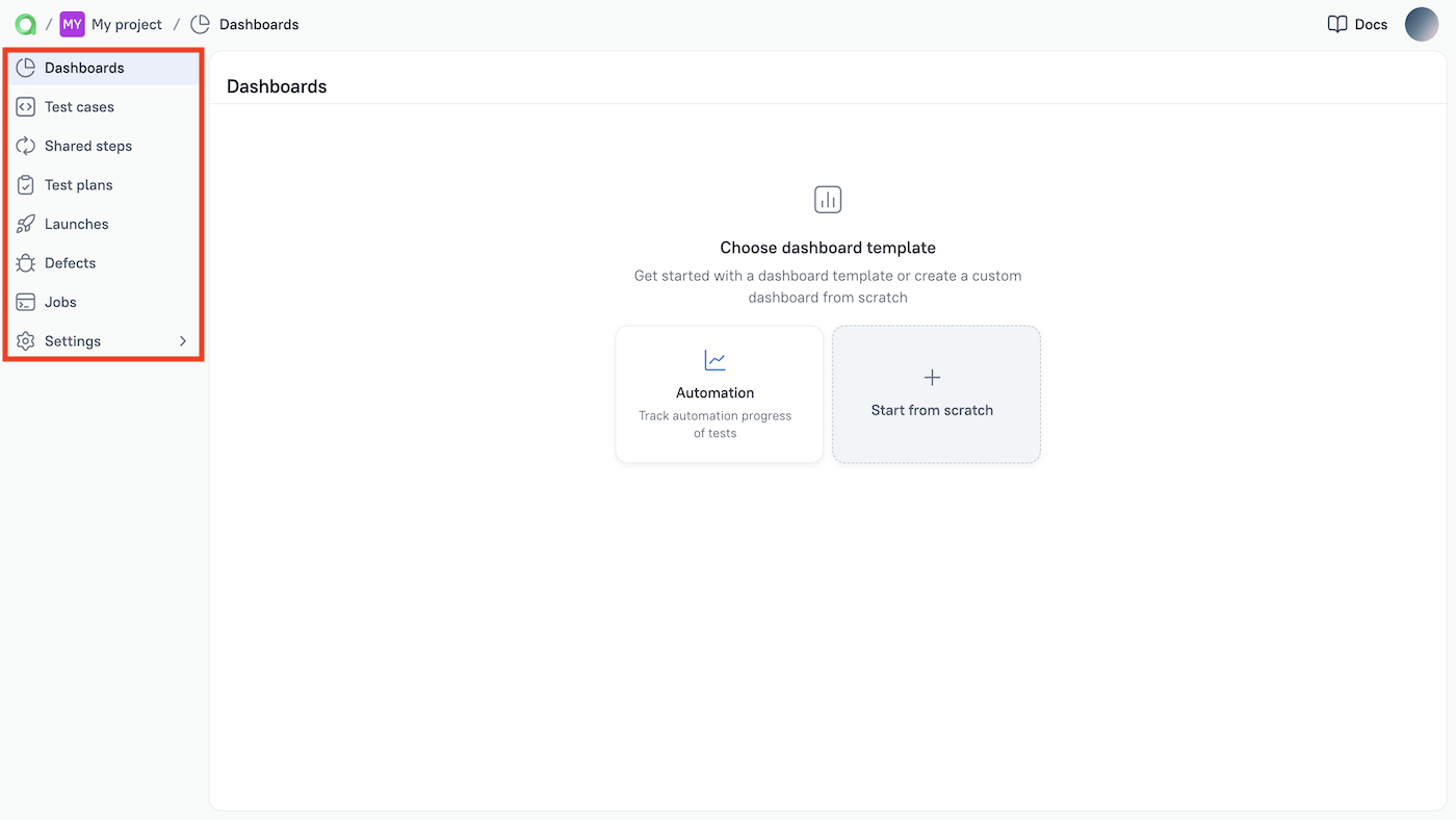 Links to project sections are located in the left panel.