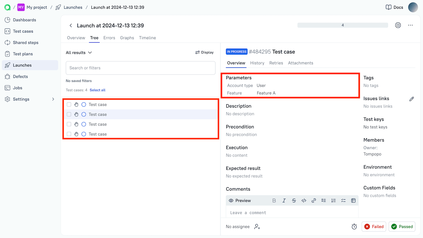 Tests with different sets of parameters are displayed separately.