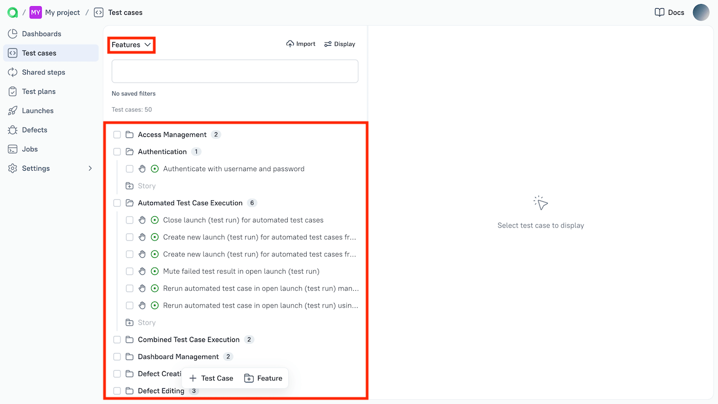 The test cases are grouped based on the Feature field.