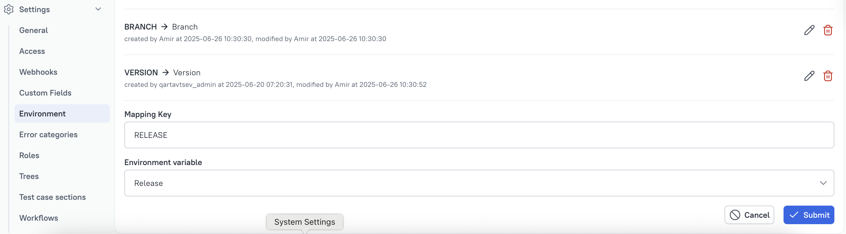 Mapping environment variables is configured in the project settings