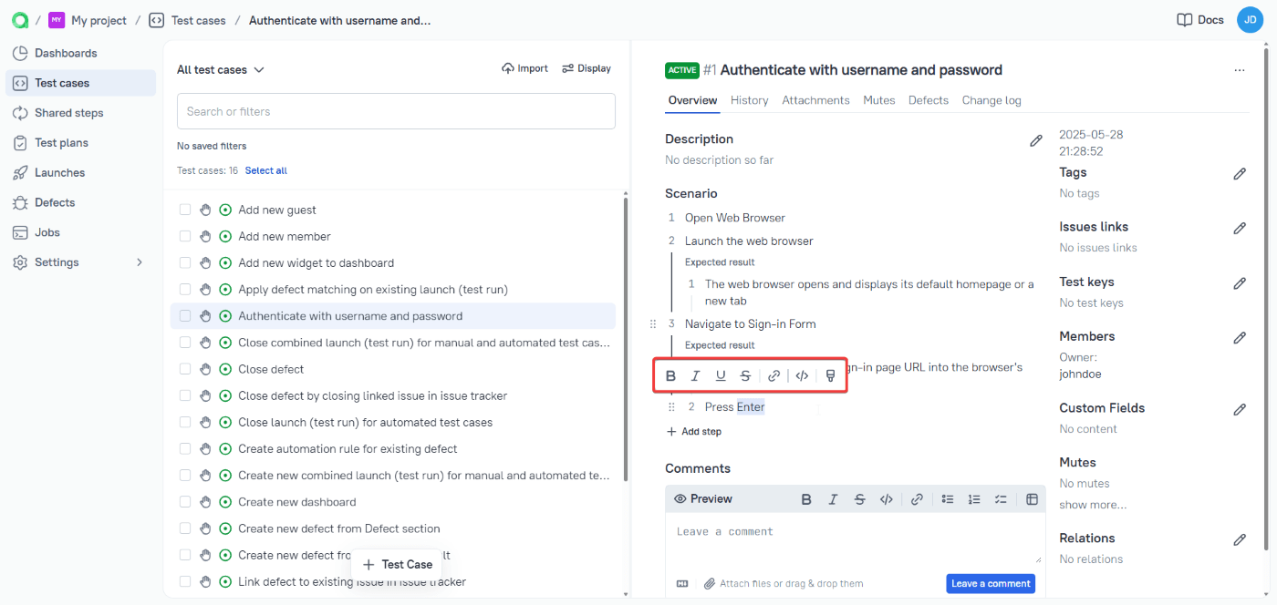 The formatting toolbar appears when you highlight text in a scenario.