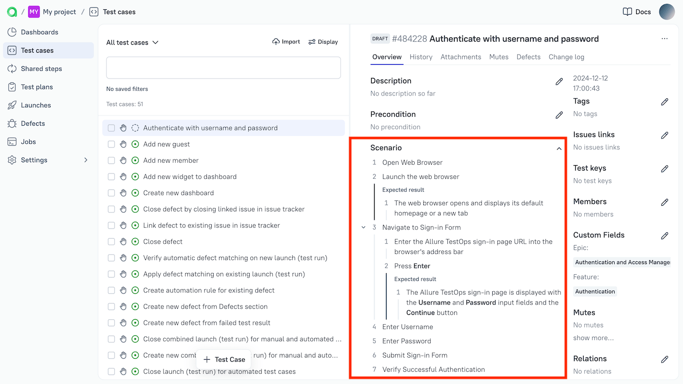 The scenario can include steps with or without expected results.