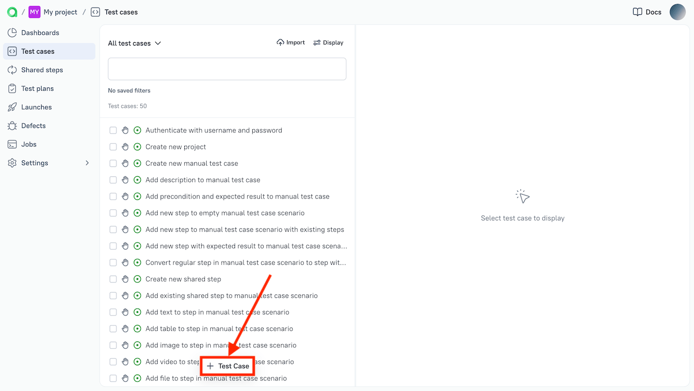 Button for creating new test cases is located at the bottom of the screen.