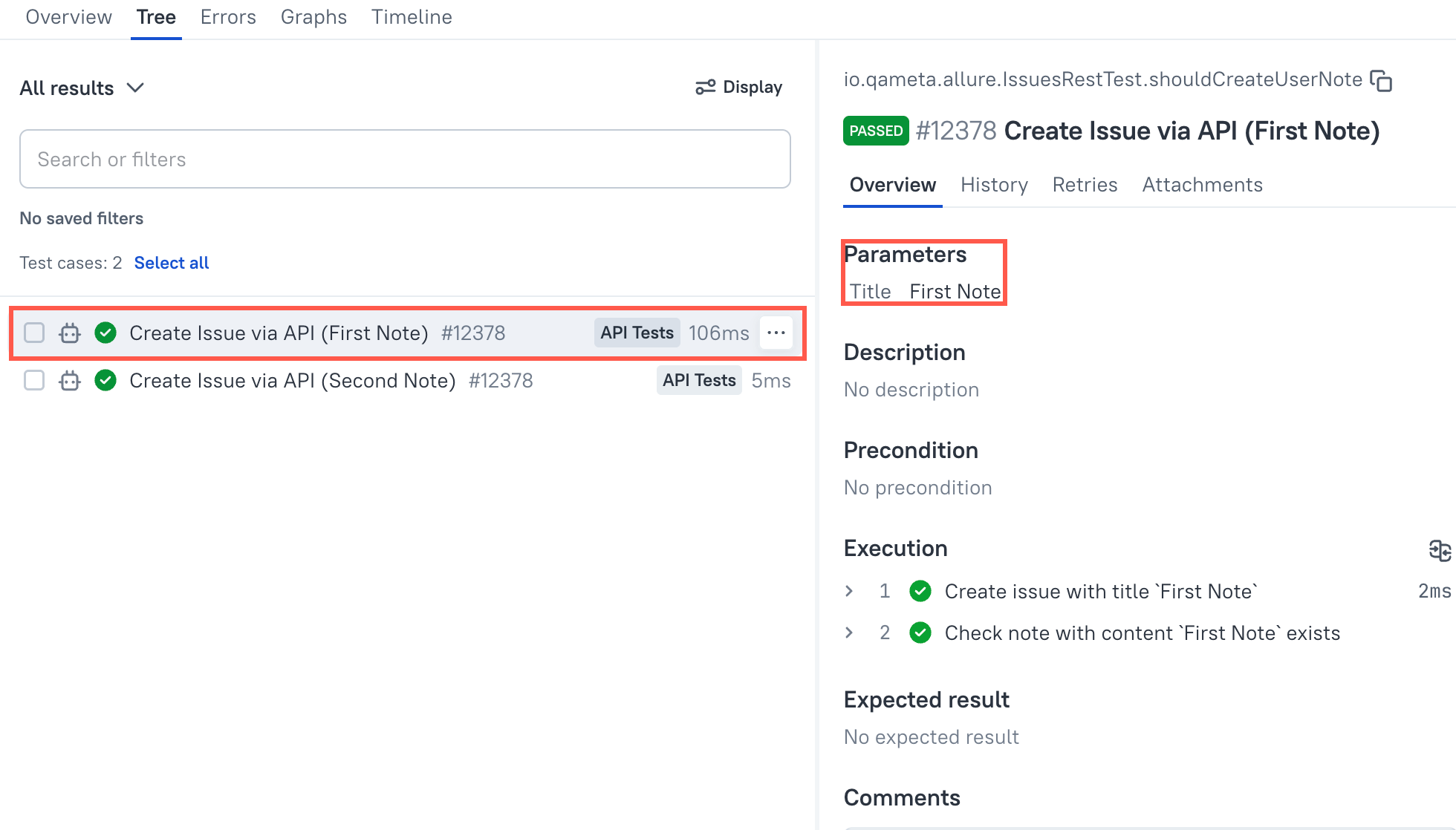 Results of a parameterised test in a launch